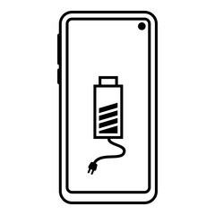 Black and white vector icon of a smartphone showing a diagonally filled battery with a power plug, symbolizing charging process and energy flow.