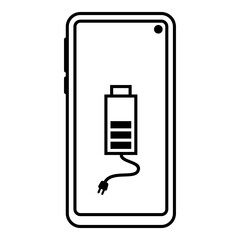Vector icon of a smartphone showing a battery with charging cable and plug, symbolizing power supply, charging status, or energy consumption.