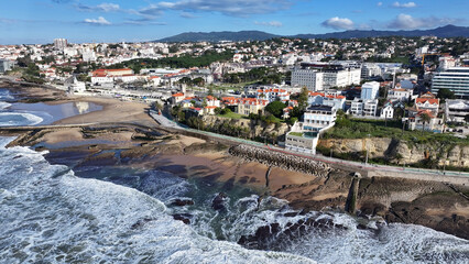 Estoril Coast At Cascais In Lisbon District Portugal. Beach Landscape. Tourism Landmark. Cityscape Aerial View. Estoril Coast At Cascais In Lisbon District Portugal. 