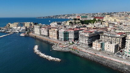 Fototapeta premium Naples Skyline At Naples In Campania Italy. Cityscape Scenery. Downtown City. Naples Skyline At Campania Italy. Bay Of Naples Skyline. Beautiful Coastline. Italy Landscape.