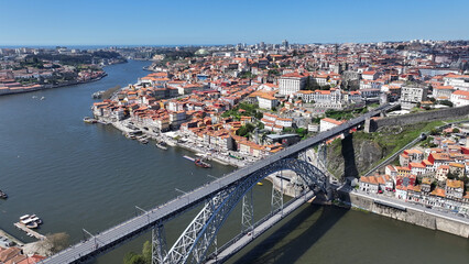 Obraz premium Porto Skyline At Porto In District Of Porto Portugal. Coastal City. Luis I Bridge Landscape. Boat Sailing. Porto Skyline In Portugal. Portugal Skyline. Travel Landscape.