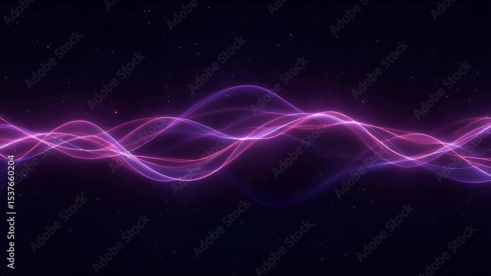 Poster abstract animation of glowing purple and pink lines in dark background with starry particles
