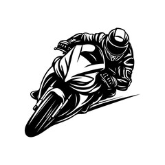 Sport Racing Motorcycle with Rider Leaning in Turn - Black and White Vector Illustration