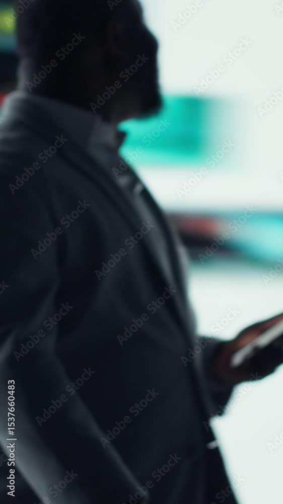 Poster vertical video happy person typing on phone touchscreen, relaxing with curated digital content. joyo