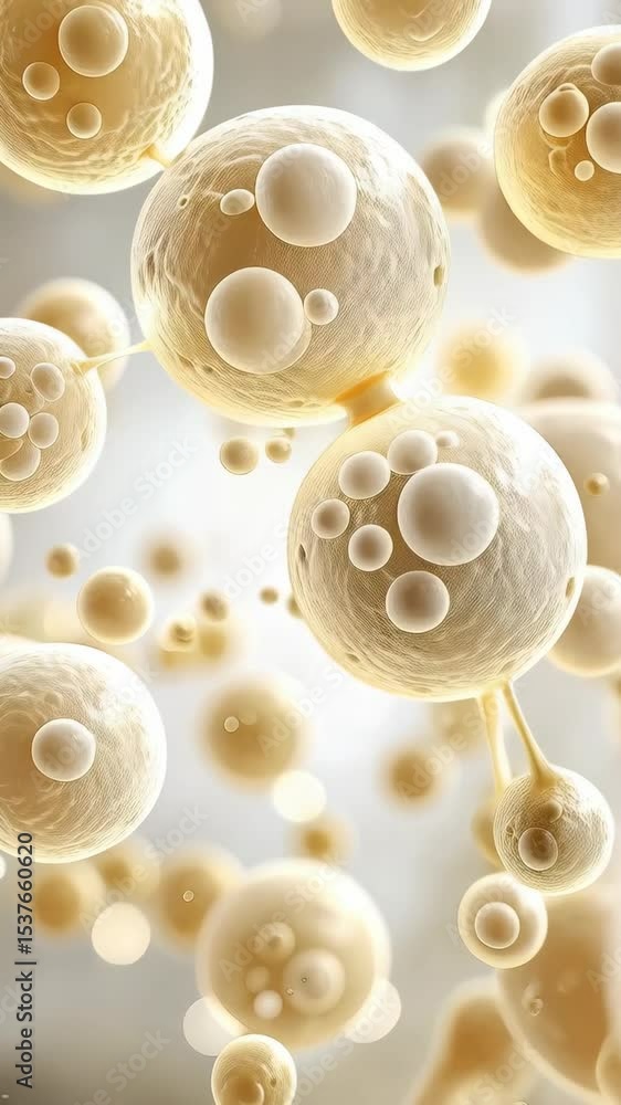 Aufkleber close up microscopic view of linked cells or organic molecules floating in a pale beige fluid-like b