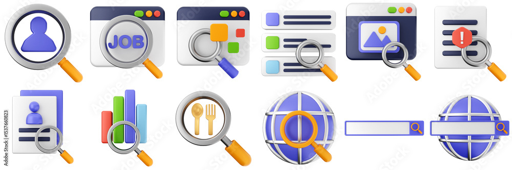 Poster 3d search scan chart data information researching icon set bundle illustration