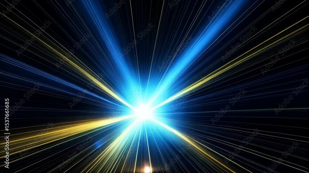 Poster abstract animation of bright light source with radiant energy beams emanating outwards at high speed