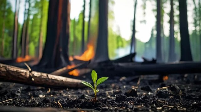Resilient seedling emerges from scorched earth, symbolizing renewal in a fire-damaged forest, against a backdrop of dark trunks and distant flames.