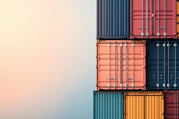 Vibrant cargo shipping containers stacked neatly, offering ample copy space. Ideal for themes of global logistics, international trade, supply chain management, and storage solutions.