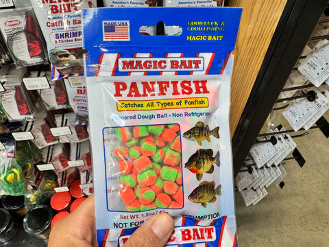 Mesa, Arizona - June 13, 2025: Magic bait brand panfish lures for fishing for sale at a Sportsmans Warehouse store