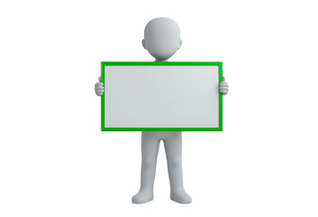 3D Character Holding Blank Sign for Text. White Humanoid Figure with Green Frame Board. Minimalist Advertising Template for Presentation or Message.