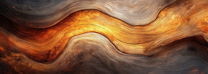 An artistic display of abstract wooden texture reveals intricate fluid and wavy grain patterns. Warm hues of orange and brown create a striking visual contrast that draws the eye