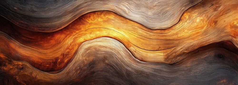 An artistic display of abstract wooden texture reveals intricate fluid and wavy grain patterns. Warm hues of orange and brown create a striking visual contrast that draws the eye