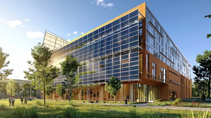 Obraz premium Solar panels integrated into an urban building fade for a sustainable city design.