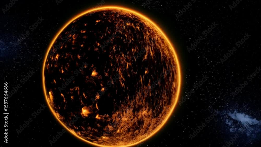 Poster detailed rendering of a sun-like star with surface features and stellar flare against a starfield in