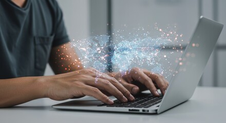 Man typing on laptop with futuristic glowing network visualization overlay