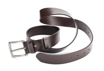 One brown leather belt isolated on white