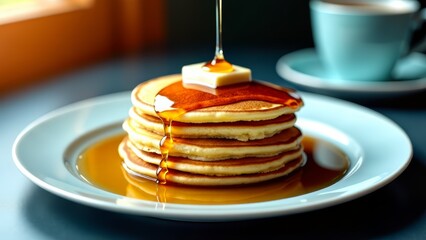 Fluffy pancakes stacked high with syrup drizzle