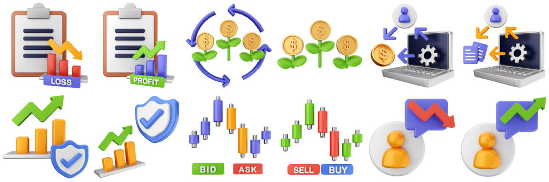 3d trading money cash coin chart income profit finance icon set bundle illustration