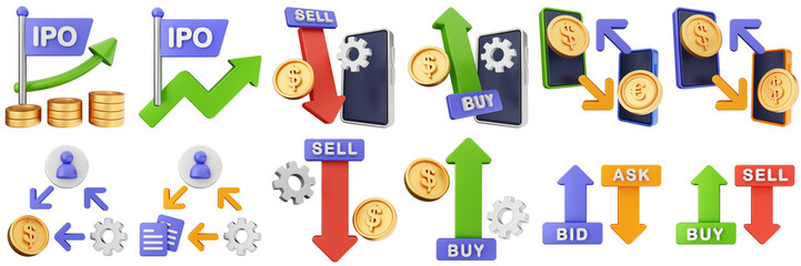 3d trading money cash coin chart income profit finance icon set bundle illustration