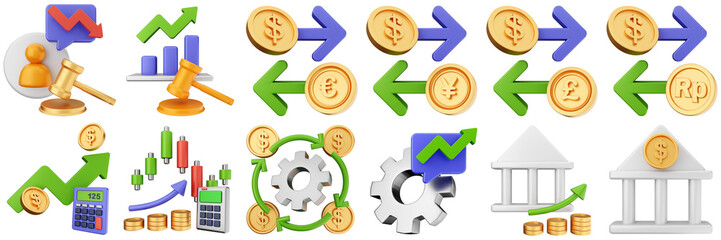 3d trading money cash coin chart income profit finance icon set bundle illustration