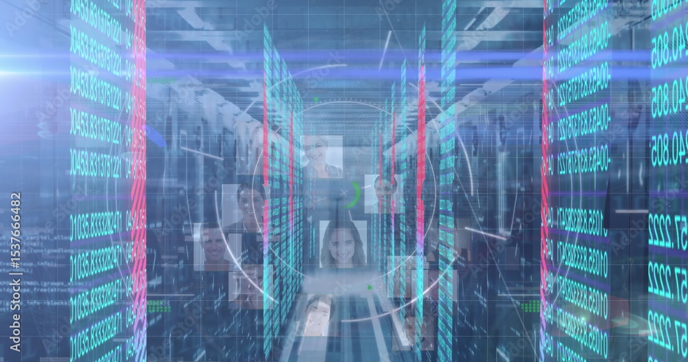 Poster streaming binary code streams on server racks, floating headshot icons, circular hud in data center