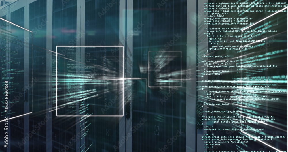 Poster server cabinets displaying streaming code overlays in data center, with floating wireframe square