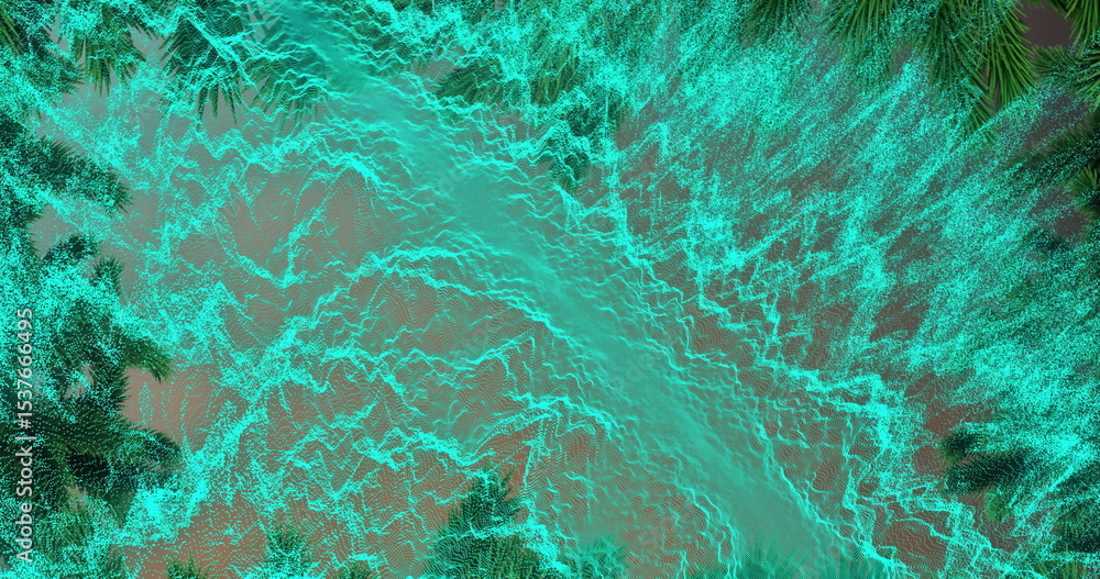 Poster swirling glowing teal particles forming rippling mesh waves in dark digital space, visualizing data