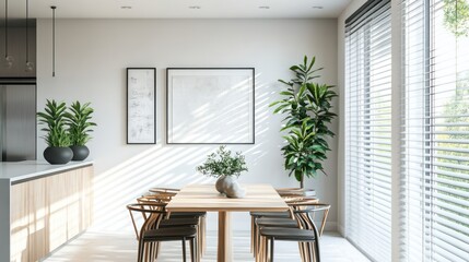 Fototapeta premium Bright, modern dining space with wooden table, chairs, plants and natural light