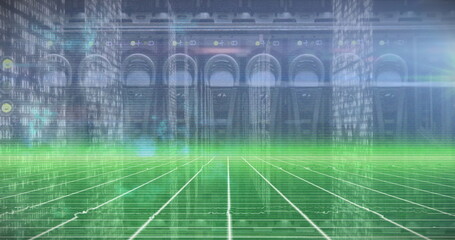 Glowing grid floor receding into data hall, with columns, code streams and arched backdrop