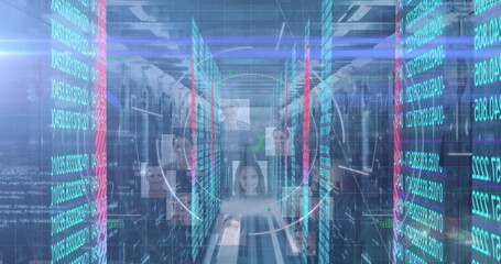 Streaming binary code streams on server racks, floating headshot icons, circular HUD in data center