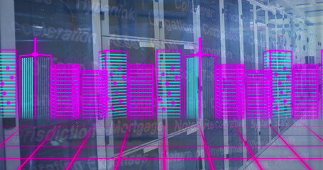 Projecting neon holographic towers over pink glowing grid floor in data center with server racks