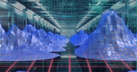 Rising wireframe surfaces above grid floor in data center corridor with server racks, code streams