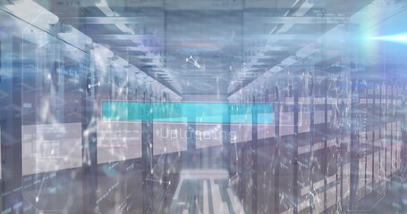 Displaying server cabinets with LED status panels in data center aisle, with uploading progress bar © vectorfusionart