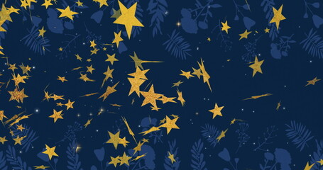 Scattering gold star shapes across deep navy blue backdrop, with subtle botanical leaf silhouettes
