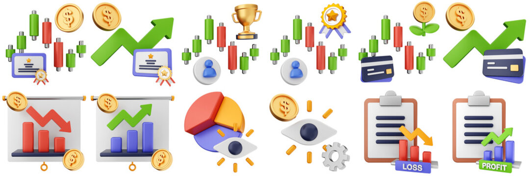 3d trading money cash coin chart income profit finance icon set bundle illustration