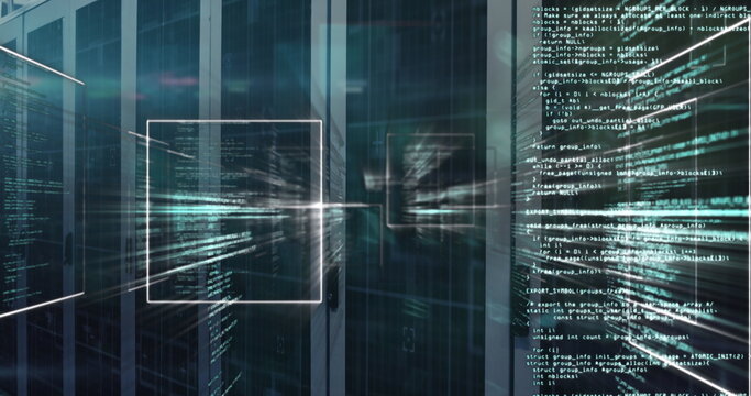 Server cabinets displaying streaming code overlays in data center, with floating wireframe square - Powered by Adobe