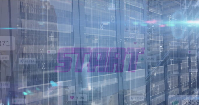 Displaying purple START overlay on server racks in data center, showing floating heart icons