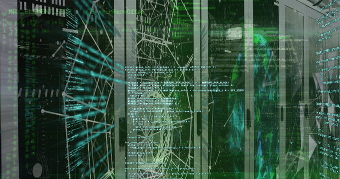 Projecting code onto server racks in data center, with network cables, graphs, humanoid silhouette
