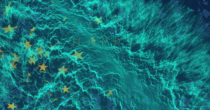 Displaying teal waveform sweeping across virtual data stream, with golden-yellow star shapes