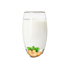 Nut milk in glass and cashews isolated on white