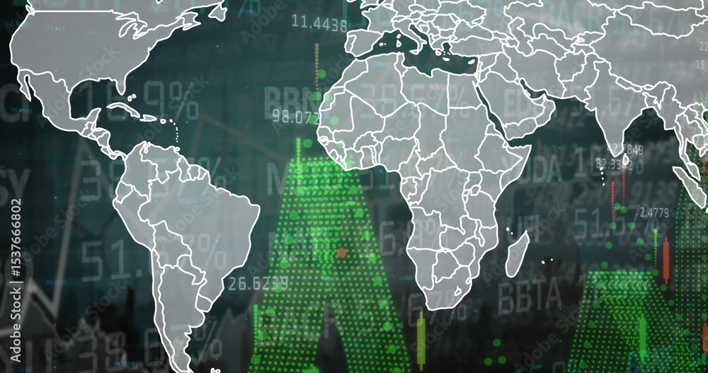 Poster displaying outlined world map overlaying virtual trading interface, showing financial data elements