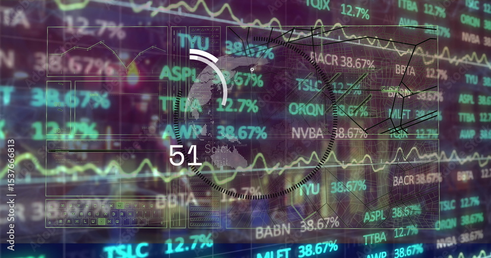Poster displaying translucent interface panels at trading terminal, with line charts gauge and tickers