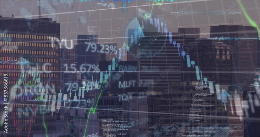 Poster showing chart overlaying urban skyline with candlestick, line graph, ticker data, data overlays