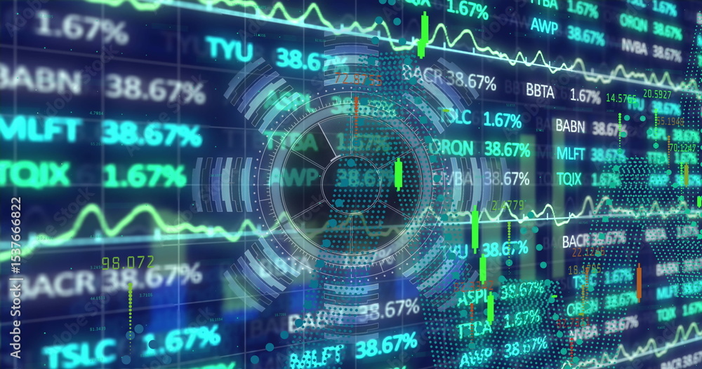 Poster translucent hud showing grid in trading dashboard, with candlestick charts line graphs tickers