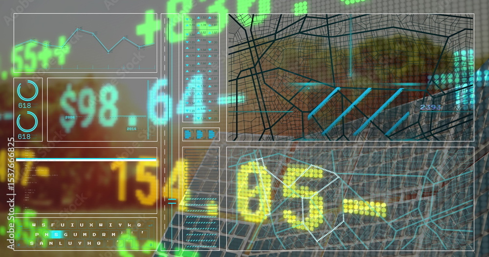 Poster displaying dashboard on control-room screen display, with panels, gauges, maps and dollar values