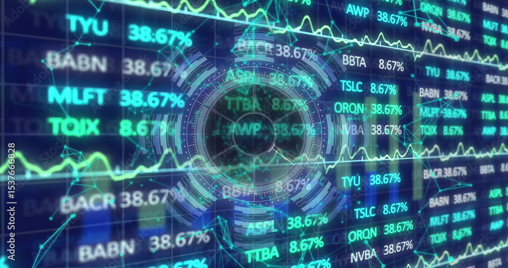 Aufkleber showing circular holographic hud glowing on trading dashboard, displaying ticker symbols and graphs