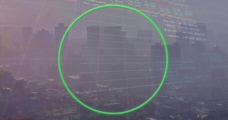 Displaying green circular chart overlay at hazy urban skyline, with colorful stock data visuals