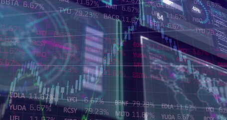 Presenting layered market interface at trading platform, with candlestick charts and ticker symbols