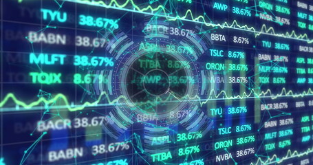 Showing circular holographic HUD glowing on trading dashboard, displaying ticker symbols and graphs